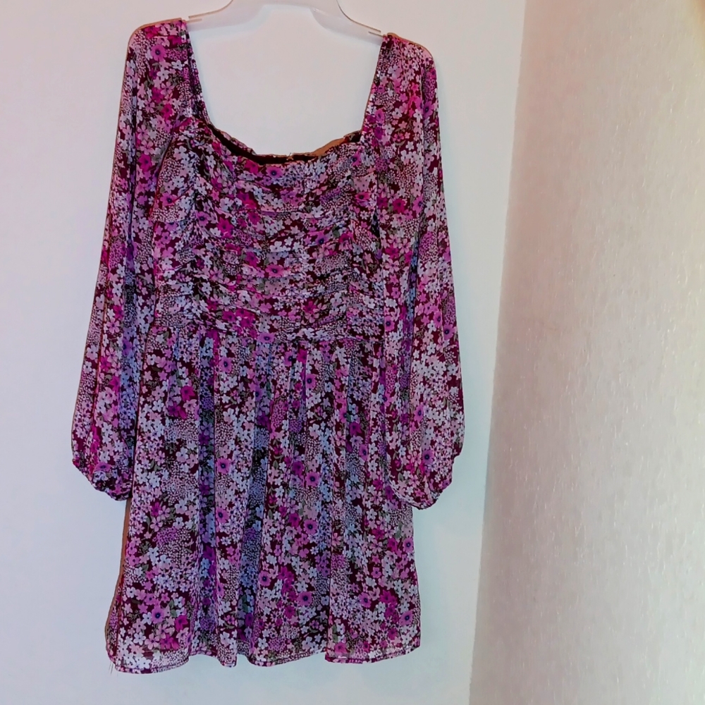 Crystal Sky Sheer Floral Pink Long Sleeve Dress L